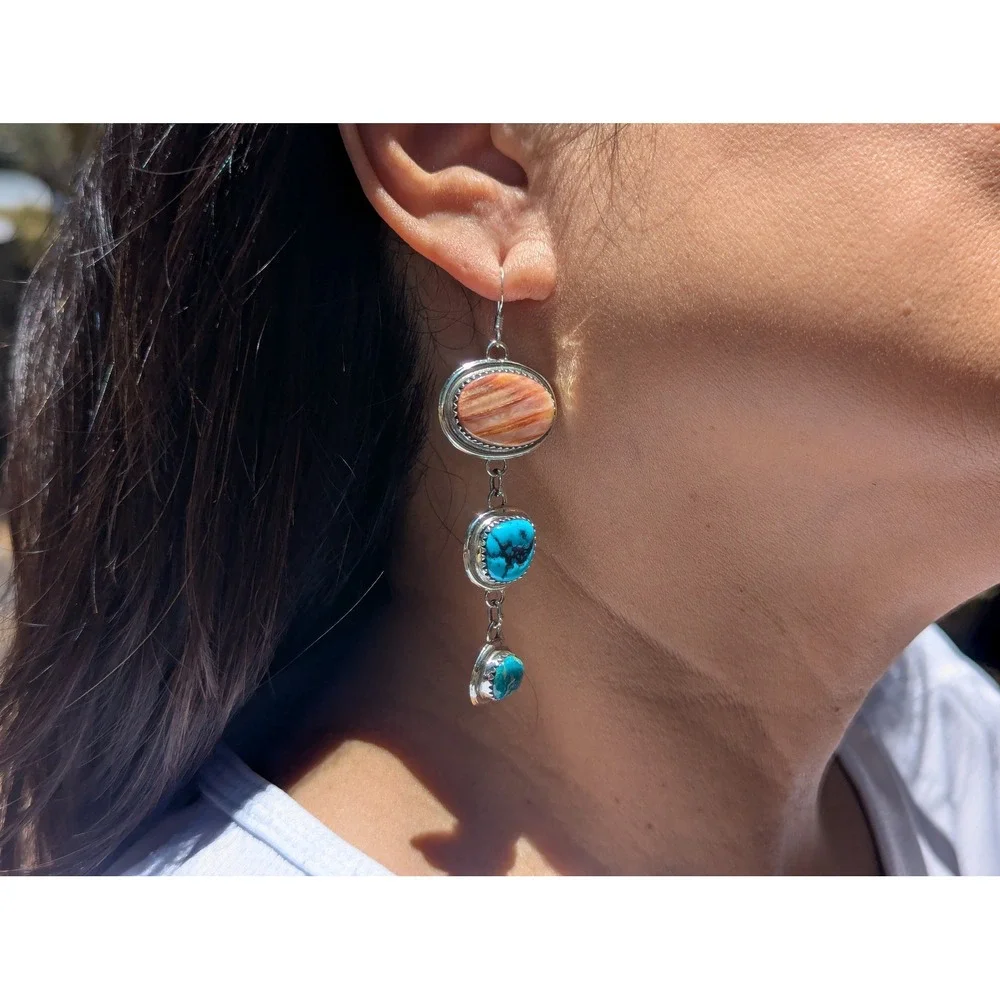 Navajo 3 Stones Drop Dangle Earrings Sterling Silver Handmade Turq‎ Jewelry **
